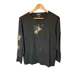 Designers Studio Black Holiday Bells Embroidered T Shirt Sz L
